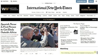 El 'International New York Times' titula su principal noticia: Spanish Nurse Is First Person to Get Ebola Outside Africa (Enfermera española es la primera persona infectada de ébola fuera de África). El diario estadounidense en su edición digital para EE UU publica la información como segunda noticia.