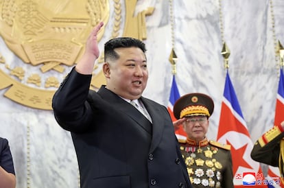 North Korean leader Kim Jong Un reacts as the civil defense military parade commemorating the 75th anniversary of the founding of the Democratic People's Republic of Korea is held in Pyongyang, September 8, 2023.