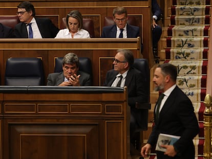 Santiago Abascal pasaba este martes ante Alberto Núñez Feijóo, sentado en la segunda fila, tras bajar de la tribuna durante el debate de investidura del popular.