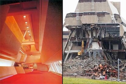 El edificio de Burroughs Wellcome qe Paul Rudolph construyó en 1969. A la izquierda, una de las imñagenes de sus interiores futuristas. A la derecha, estos días las excavadoras han comenzado la demolición del edificio. |
