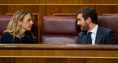 El presidente del Partido Popular, Pablo Casado, y su portavoz, Cayetana Álvarez de Toledo, en el Congreso, el pasado 17 de junio.