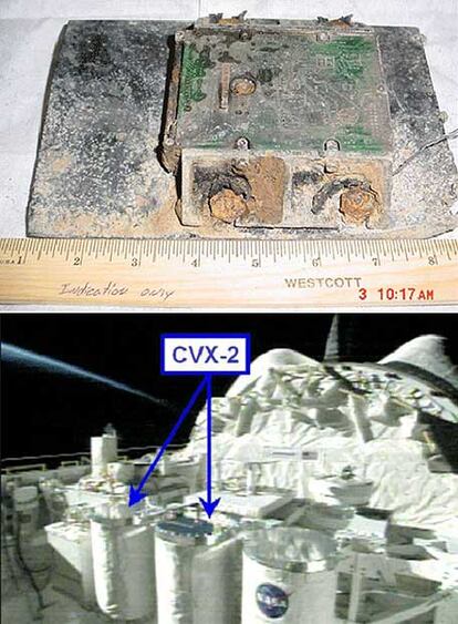 El disco duro del ordenador recuperado (arriba) e imagen del <i>Columbia</i> con los componentes del experimento de xenón.