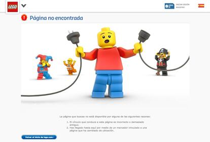 <p>Si estás navegando por la web de Lego y pinchas en un enlace roto <a href="https://www.lego.com/es-es/dlkfjglkj" target="_blank">esto es lo que te encontrarás</a>: cuatro de sus célebres muñecos con diferentes disfraces (desde un arlequín a un pirata) lamentándose por lo que acaba de ocurrir: que la web se ha roto. En primer plano, un muñeco de Lego sujeta con desolación dos cables que aparecen desconectados. No hay aquí un mensaje escrito especialmente gracioso, la imagen lo hace todo. Y no necesita más.</p>