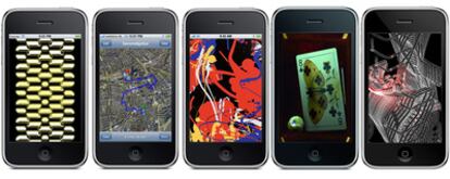 De izquierda a derecha, obras para el iPhone: <i>Dream machine, </i>de Brion Gysin; <i>Serendipitor</i>, de Mark Shepard; <i>Random Pollock,</i> de Miltos Manetas; <i>Vanitas,</i> de Auriea Harvey y Michael Samyn, y finalmente, <i>PhiLia,</i> de la artista Lia.