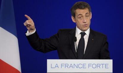 El presidente candidato Nicolas Sarkozy durante su mtin en Cernay, Alsacia.