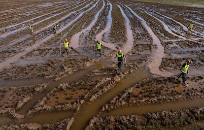 Miembros del V batallón de la Unidad Militar de Emergencias (UME) buscan cadáveres arrastrados por las inundaciones en las afueras de Valencia, el viernes.