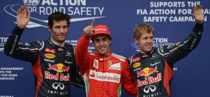 Alonso celebra junto a Webber y Vettel la clasificación