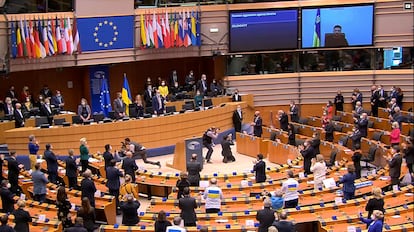 Zelensky, en una comparecencia en el Parlamento Europeo.