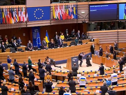 Zelensky, en una comparecencia en el Parlamento Europeo.