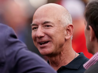 Amazon founder Jeff Bezos is seen on the sidelines before the start of an NFL football game between the Kansas City Chiefs and the Los Angeles Chargers, Sept. 15, 2022