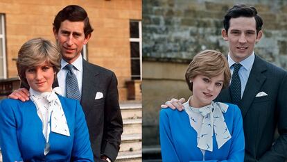 A la izquierda, el príncipe Carlos y Diana Spencer. A la derecha, Josh O'Connor y Emma Corrin, los actores que los interpretan en la serie 'The Crown'.