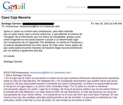 E-mail que recibi&oacute; Santiago Cervera cit&aacute;ndole para entregarle documentaci&oacute;n sobre la Caja de Navarra y su respuesta.