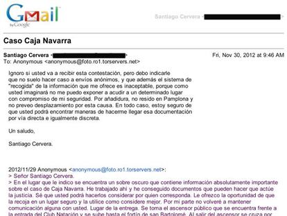 E-mail que recibió Santiago Cervera citándole para entregarle documentación sobre la Caja de Navarra y su respuesta.