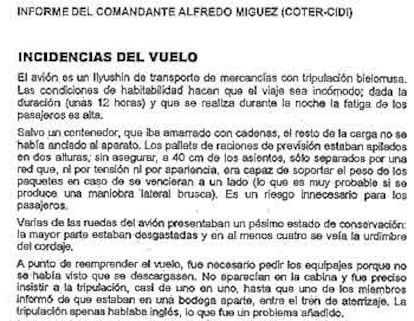 Documento entregado al Congreso sobre vuelos a Afganistán.