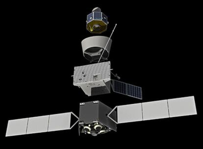 Ilustración de BepiColombo en su configuración de crucero: desde abajo, el módulo de transferencia; el satélite Mercury Planetary Orbiter; el escudo de protección; y el satélite Mercury Magnetospheric Orbiter.