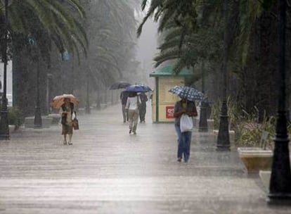 Vecinos de Málaga, que registró ayer intensas lluvias, pasean por el paseo del Parque.