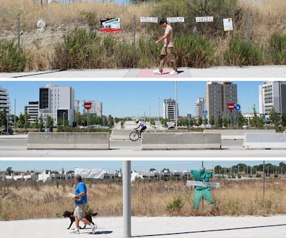 De arriba a abajo: un joven pasea por una de las calles de El Cañaveral ante carteles que reclaman servicios públicos para el barrio. La Gran Vía del Sureste, proyecto que pretende unir los cuatro desarrollos urbanísticos de la zona, aún sin terminar. Un hombre pasea a su perro delante de varios carteles que solicitan un centro de salud en El Cañaveral.