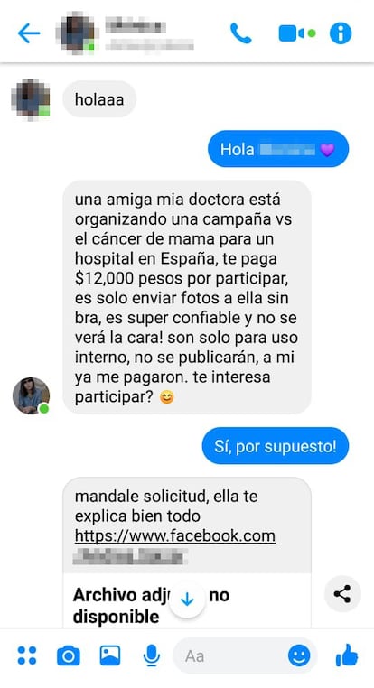 Capturas de pantalla de mensajes de extorsión en internet recibidos por distintas mujeres.