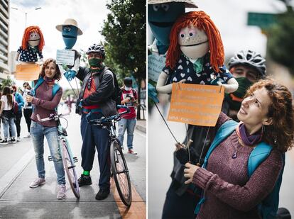 “Marchamos porque buscamos a igualdade de direitos para todos. Chegamos a um ponto de não retorno, estamos convencidos de que podemos mudar o país”. Quem fala é Ginis, uma marionete que se tornou comum nas marchas na Colômbia desde 2019. Sua voz é emprestada por Gina León, artista e fotógrafa que saiu para marchar representando o coletivo AGarrapata. Ela o faz ao lado de Richard Caro, marionetista e voz de Don Alirio, um camponês de Boyacá que protesta por quem não pode sair ou não pode parar de trabalhar. “A partir da arte queremos comunicar o desgosto das pessoas com todas as políticas públicas e a má gestão deste Governo”, diz o ator que marcha, como muitos na Colômbia, de bicicleta.