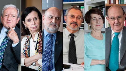 Desde la izquierda, Pascual Sala, María Emilia Casas, Francisco Pérez de los Cobos, Luis López Guerra, Adela Asúa y Andrés Ollero.