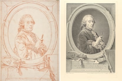 Estudios en lápiz rojo y negro de Manuel Carmona para el retrato de Francois Boucher.