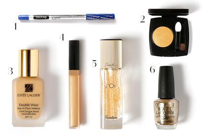 1. Lápiz de ojos azul, de Isadora. 11,90 euros.2. Ombre Première, de Chanel. 27,16 euros.3. Maquillaje Double Wear Stay-in-Place SPF 10, de Estée Lauder. 30,95 euros. 4.Rouge Coco Gloss Top Coat, de Chanel. 25,56 euros. 5. Prebase L’Or, de Guerlain. 47,95 euros. 6.Laca de uñas, de OPI. 16,95 euros.