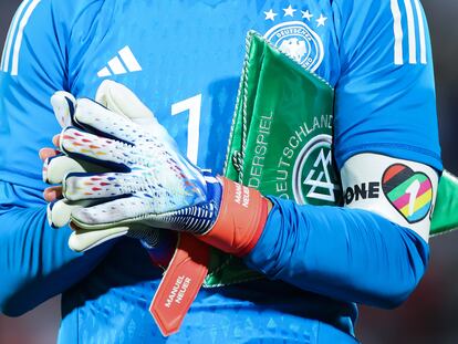 Germany goalkeeper Manuel Neuer wears the captain's armband with the inscription "One Love" during a pre-World Cup friendly against Oman.