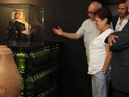 La presidenta de la Diputaci&oacute;n visitando la exposici&oacute;n del Marq sobre el origen del cultivo del vino. 