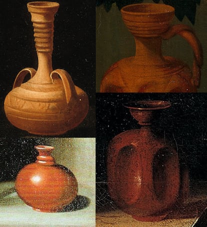 Búcaros en detalles de cuadros pintados por Zurbarán y Espinosa (arriba), y de Van der Hamen y Pedro de Camprobín