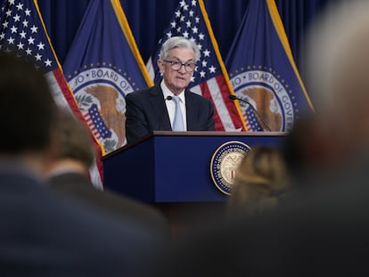 Jerome Powell, presidente de la Reserva Federal, durante la rueda de prensa en la que explica la nueva subida de tipos de interés, este miércoles en Washington.