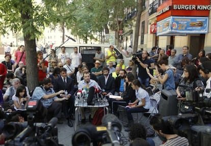 Members of Spain&#039;s &quot;Indignados&quot; movement hold a news conference after filing a lawsuit against Bankia bank in Madrid.