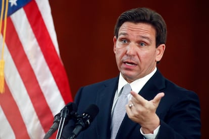 Florida Gov. Ron DeSantis answers questions from the media in the Florida Cabinet following his State of the State address during a joint session of the Senate and House of Representatives