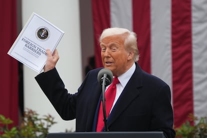 Donald Trump, presidente de Estados Unidos, en el anuncio a principio de abril sobre la subida de aranceles.