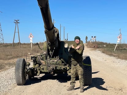 Yaroslav, the former cab driver, shows off Russian weaponry recovered for the Ukrainian army in November 2022. 