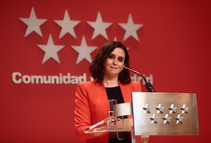 La presidenta de la Comunidad de Madrid, Isabel Díaz Ayuso, en una rueda de prensa en la Real Casa de Correos, en Madrid el pasado 15 de marzo.