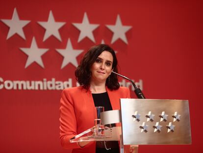 La presidenta de la Comunidad de Madrid, Isabel Díaz Ayuso, en una rueda de prensa en la Real Casa de Correos, en Madrid el pasado 15 de marzo.