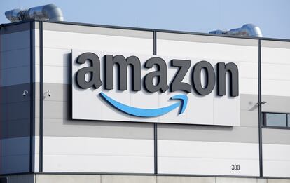 An Amazon company logo marks the facade of a building, March 18, 2022,