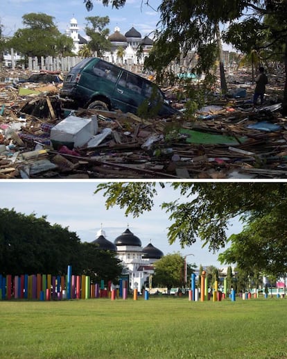 Los restos arrastrados por el maremoto de 2004 aparecen esparcidos en torno a la Mezquita de Baiturrahaman, en Banda Aceh. En la parte inferior de la composición se puede observar el estado actual del lugar diez años después del desastre que se calcula que mató a más de 230.000 personas, la mayor parte de ellas en Indonesia, aunque las costas de todos los países del Golfo de Bengala resultaron afectadas. Fotografías hechas el 27 de diciembre de 2004 y el 27 de noviembre de 2014.