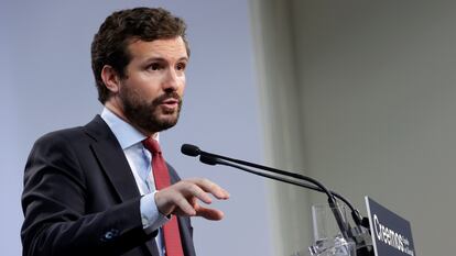 El presidente del Partido Popular, Pablo Casado, en rueda de prensa el pasado mes de julio.