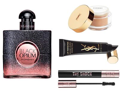 Perfume Black Opium, iluminador, base de labios y máscara de pestañas todo de Yves Saint Laurent.