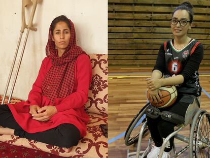 A la izquierda, Khatera Safi en la casa de su familia, a las afueras de Kabul, hace una semana. A la derecha, Nilofar Bayat, en el pabellón de entrenamiento de su equipo, el Bidaideak de Bilbao. Ángeles Espinosa / Fernando Domingo-Aldama