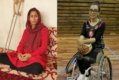 A la izquierda, Khatera Safi en la casa de su familia, a las afueras de Kabul, hace una semana. A la derecha, Nilofar Bayat, en el pabellón de entrenamiento de su equipo, el Bidaideak de Bilbao. Ángeles Espinosa / Fernando Domingo-Aldama