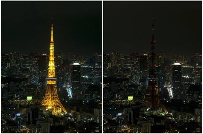 Una visión general de centro de Tokio con la Torre de Tokio iluminada en el centro antes y durante la hora de la tierra, cuando las luces se apagaron, Japón, el 19 de marzo de 2016.