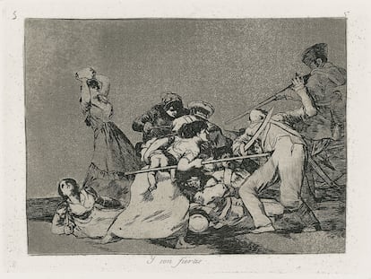 Estampa de 'Los desastres' de Goya titulada 'Y son fieras', donde una mujer luchadora es protagonista