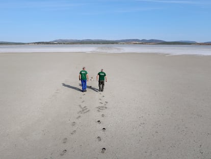 The dry, salt-covered Fuente Piedra Lagoon in Málaga, Spain, in mid-June 2023.