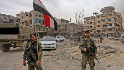 Edificios dañados en Hajar al-Aswad, un barrio en las afueras de Damasco.