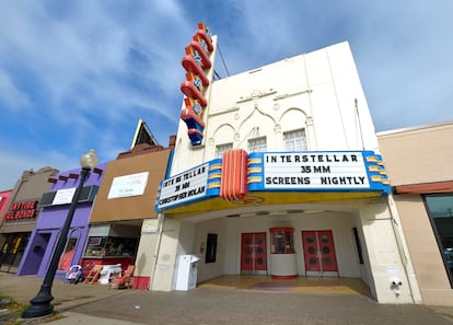 The JFK Trolley tour passes the Texas Theater in the Oak Cliff neighborhood where Lee Harvey Oswald was arrested after shooting Officer J.D. Tippit in Dallas, Texas