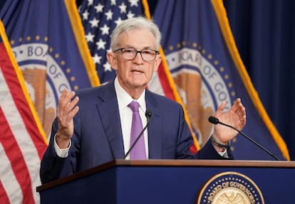 El presidente de la Reserva Federal de Estados Unidos, Jerome Powell, en la rueda de prensa posterior a la reunión del Comité Federal de Mercado Abierto del pasado 1 de mayo.