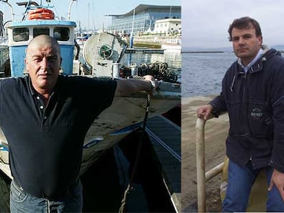 Manuel Iglesias, delante de una embarcación de bajura en A Coruña. A la derecha, Francisco Iglesias, en diciembre de 2002, en O Grove.