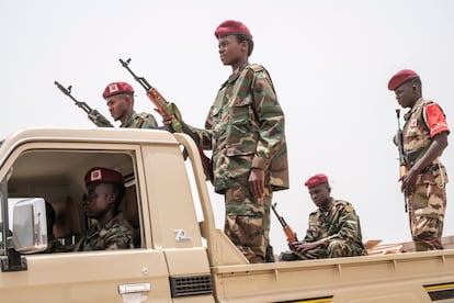 Members of the Minni Arko Minnawi militia carry out exercises in a collection truck in Gedaref, Sudan, on June 24.